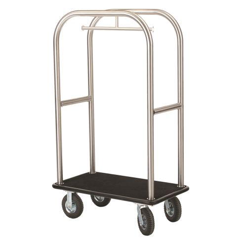 Chariot à bagages de luxe, 42,5 po L x 24 po l x 68 po H, acier inoxydable brossé, tapis et pare-chocs noirs